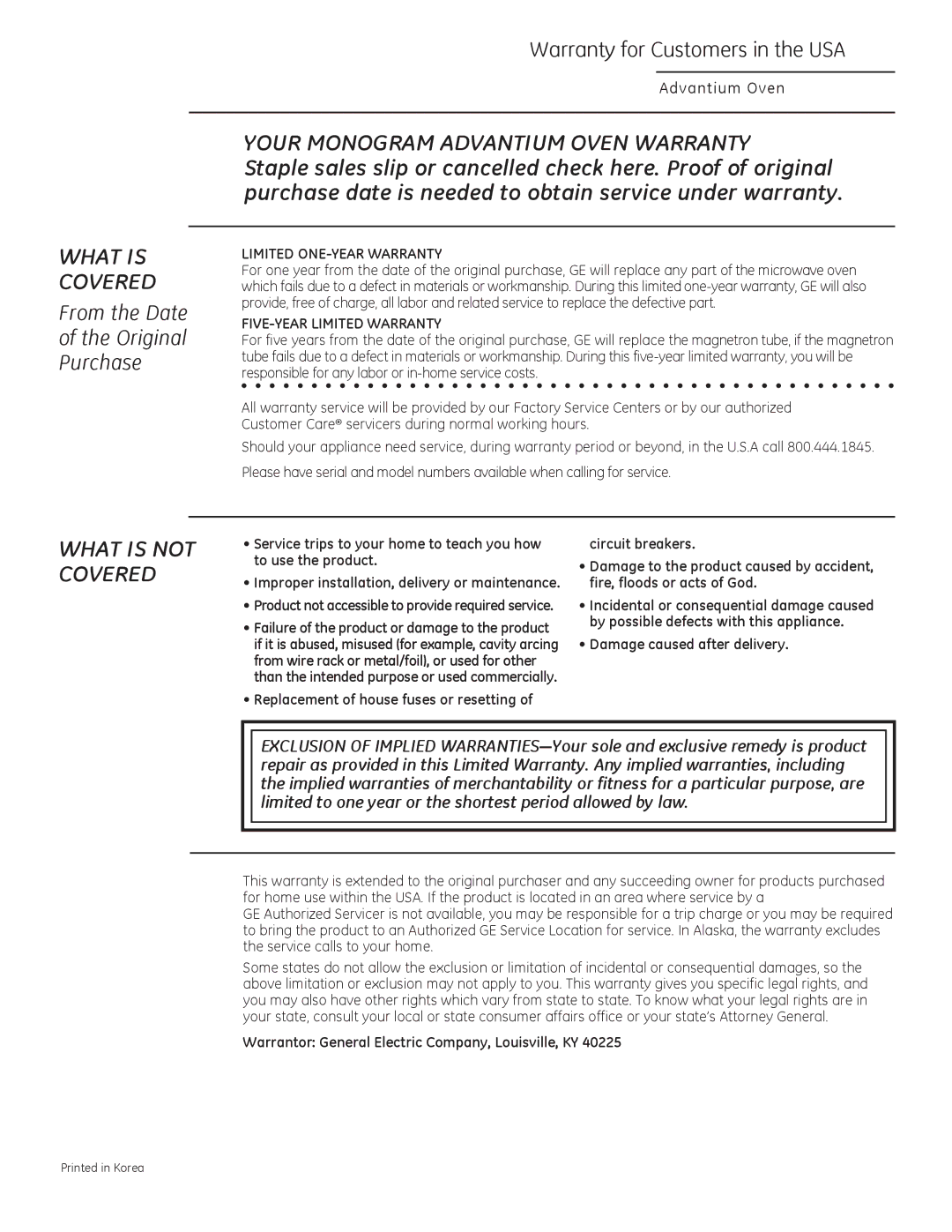 GE ZSA2201 owner manual From the Date Original Purchase, Warranty for Customers in the USA 