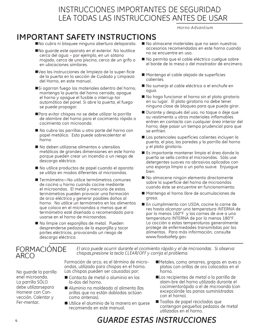 GE ZSA2201 Chispas,presione la tecla CLEAR/OFF y corrija el problema, Formación de arco, es el término de micro 