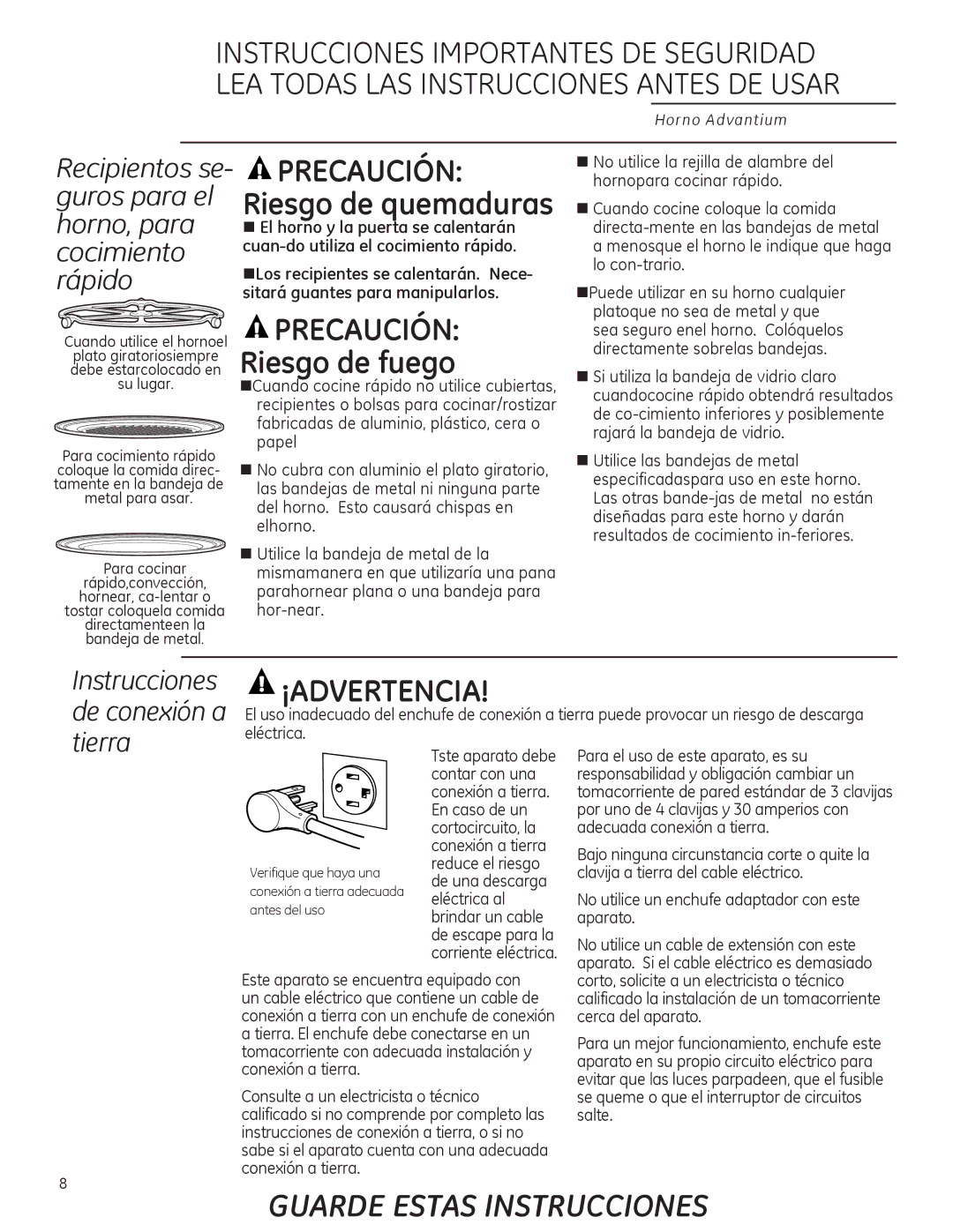 GE ZSA2201 owner manual Eléctrica, No utilice un enchufe adaptador con este aparato 