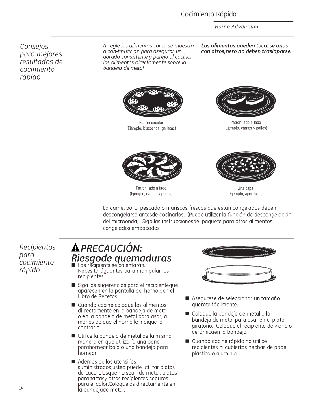 GE ZSA2201 owner manual Consejos para mejores resultados de cocimiento rápido, Recipientos para cocimiento rápido 