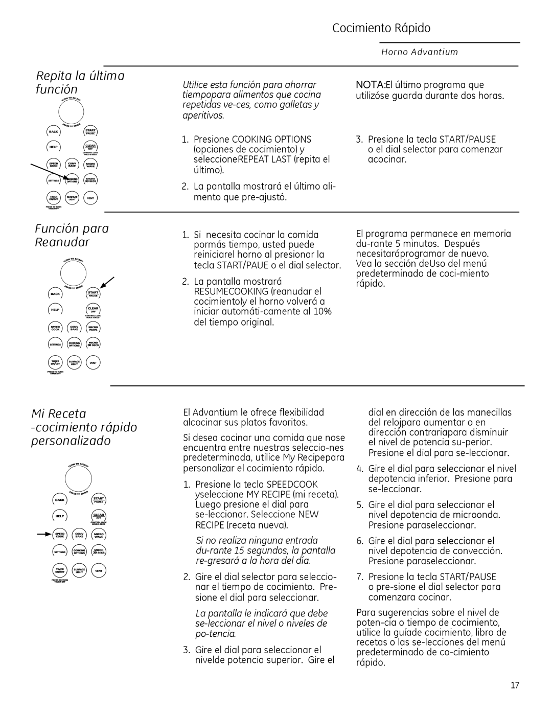 GE ZSA2201 Repita la última función, Cocimiento Rápido, Función para Reanudar, Mi Receta Cocimiento rápido personalizado 