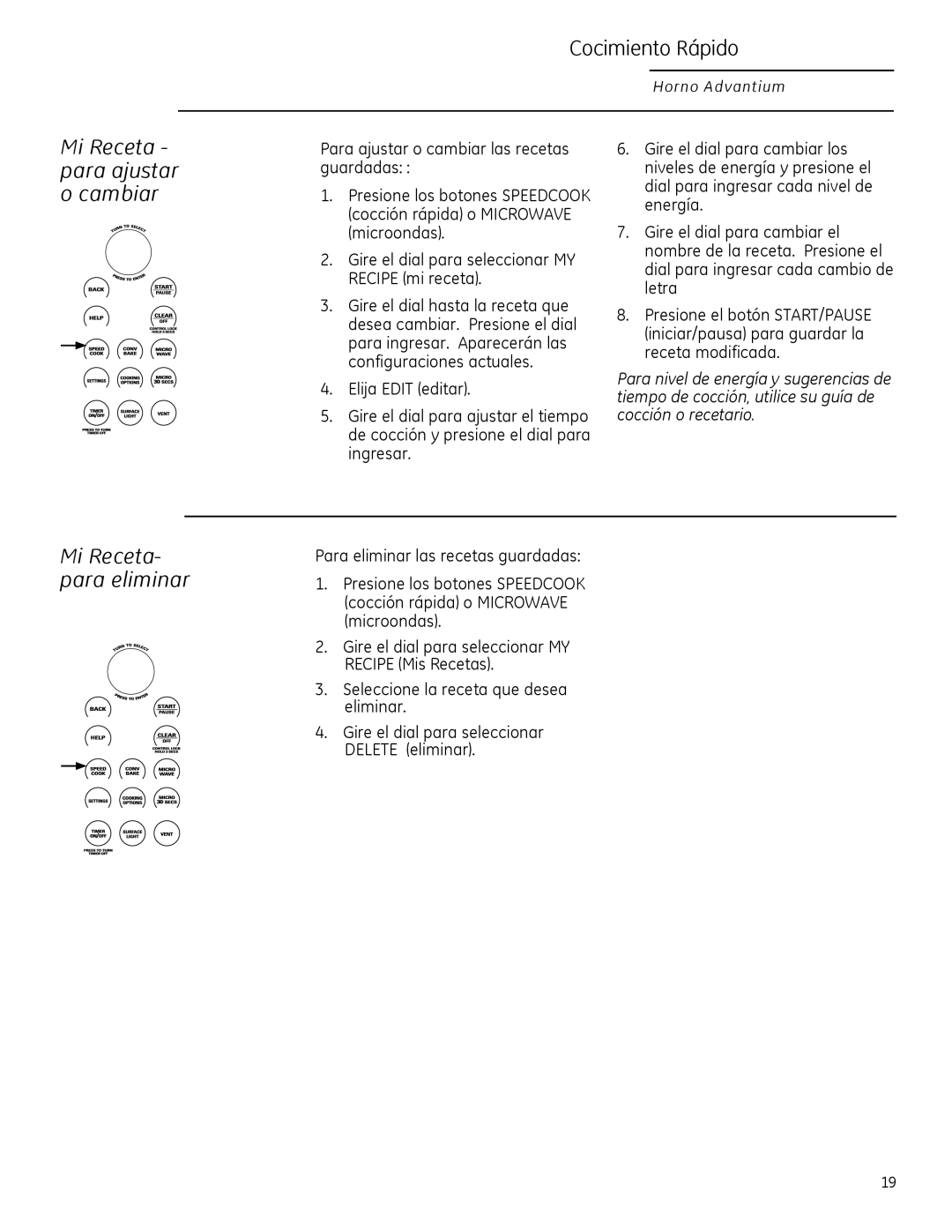 GE ZSA2201 owner manual Mi Receta para ajustar o cambiar, Mi Receta- para eliminar 