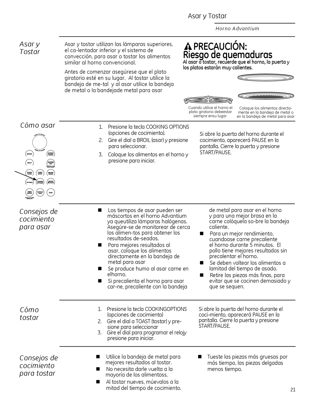 GE ZSA2201 owner manual Asar y Tostar, Cómo asar, Cómo tostar 