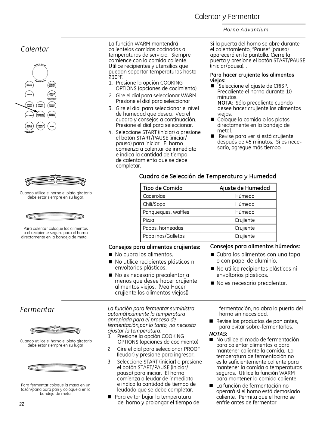 GE ZSA2201 owner manual Calentar y Fermentar 