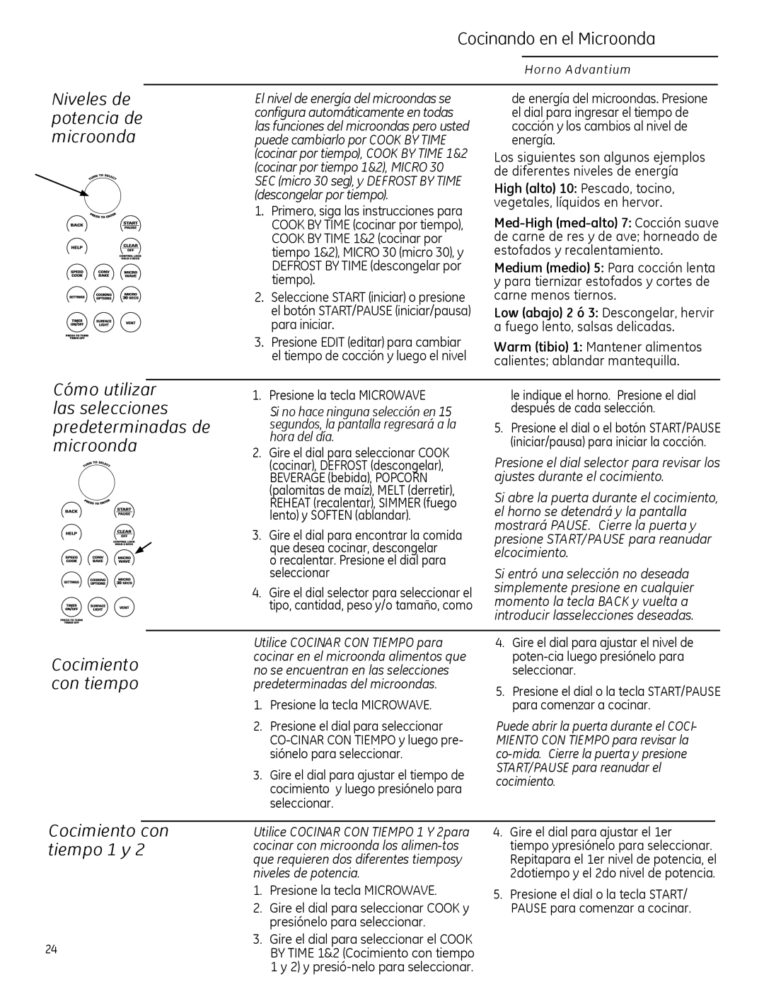 GE ZSA2201 owner manual Niveles de potencia de microonda, Cómo utilizar las selecciones predeterminadas de microonda 