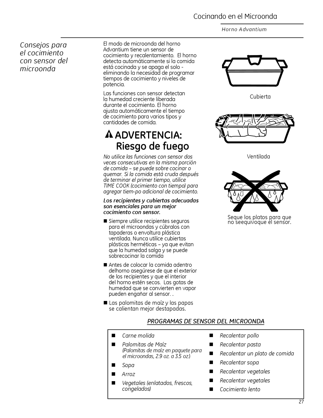 GE ZSA2201 Consejos para el cocimiento con sensor del microonda, Cubierta Ventilada, Carne molida Palomitas de Maíz 