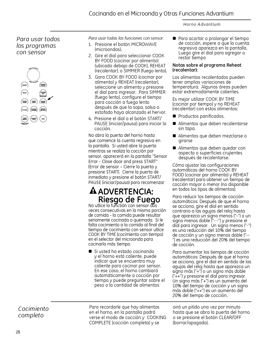 GE ZSA2201 owner manual Cocinando en el Microonda y Otras Funciones Advantium, Para usar todos los programas con sensor 