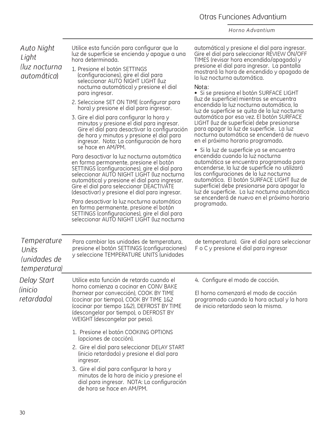 GE ZSA2201 owner manual Nota, Si se presiona el botón Surface Light, Para cambiar las unidades de temperatura 