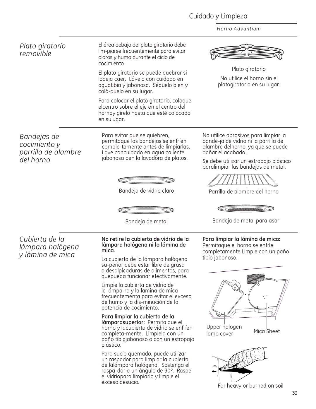 GE ZSA2201 owner manual Plato giratorio removible, Bandejas de cocimiento y parrilla de alambre del horno 