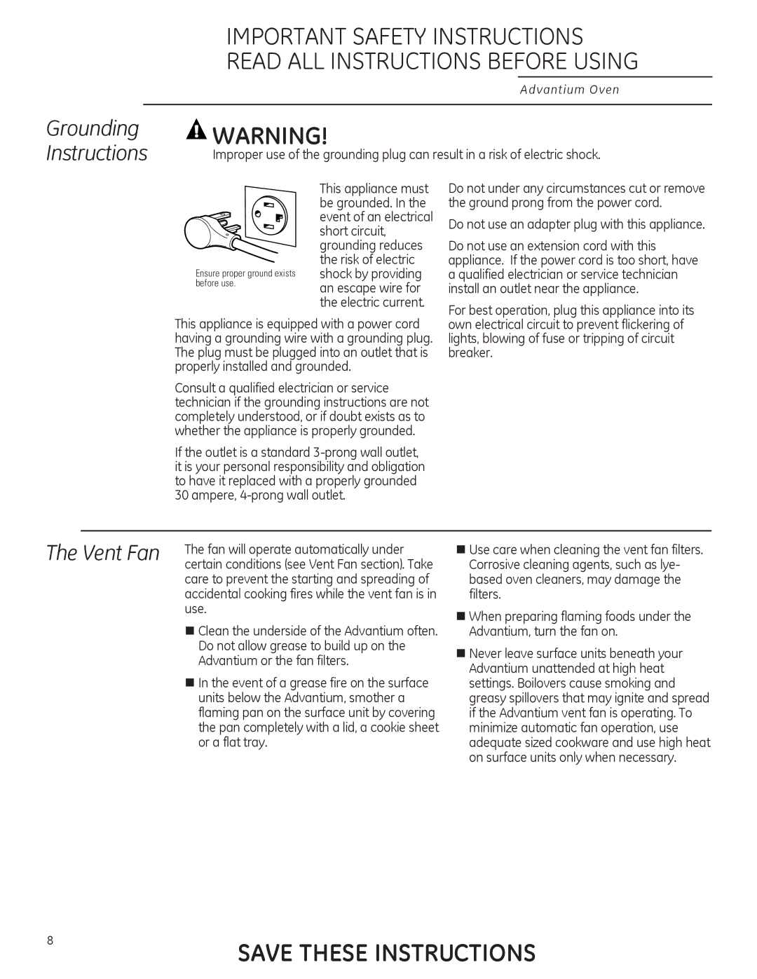 GE ZSA2201 owner manual Do not use an adapter plug with this appliance, For best operation, plug this appliance into its 