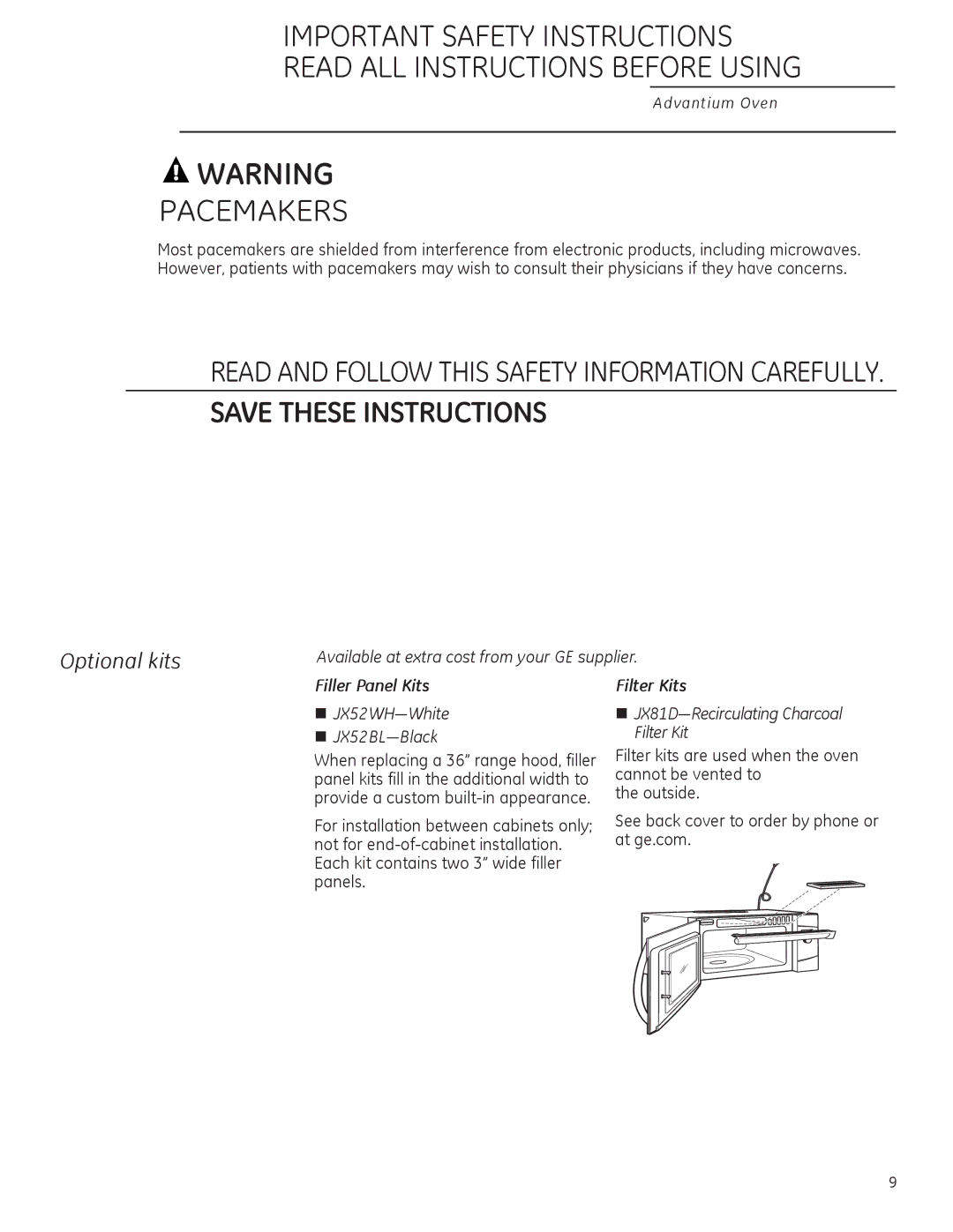 GE ZSA2201 owner manual Optional kits, Filler Panel Kits, Filter Kits 