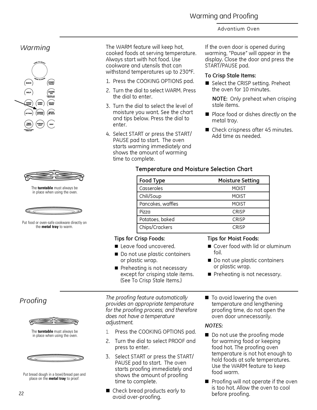 GE ZSA2201 owner manual Warming and Proofing, Temperature and Moisture Selection Chart 