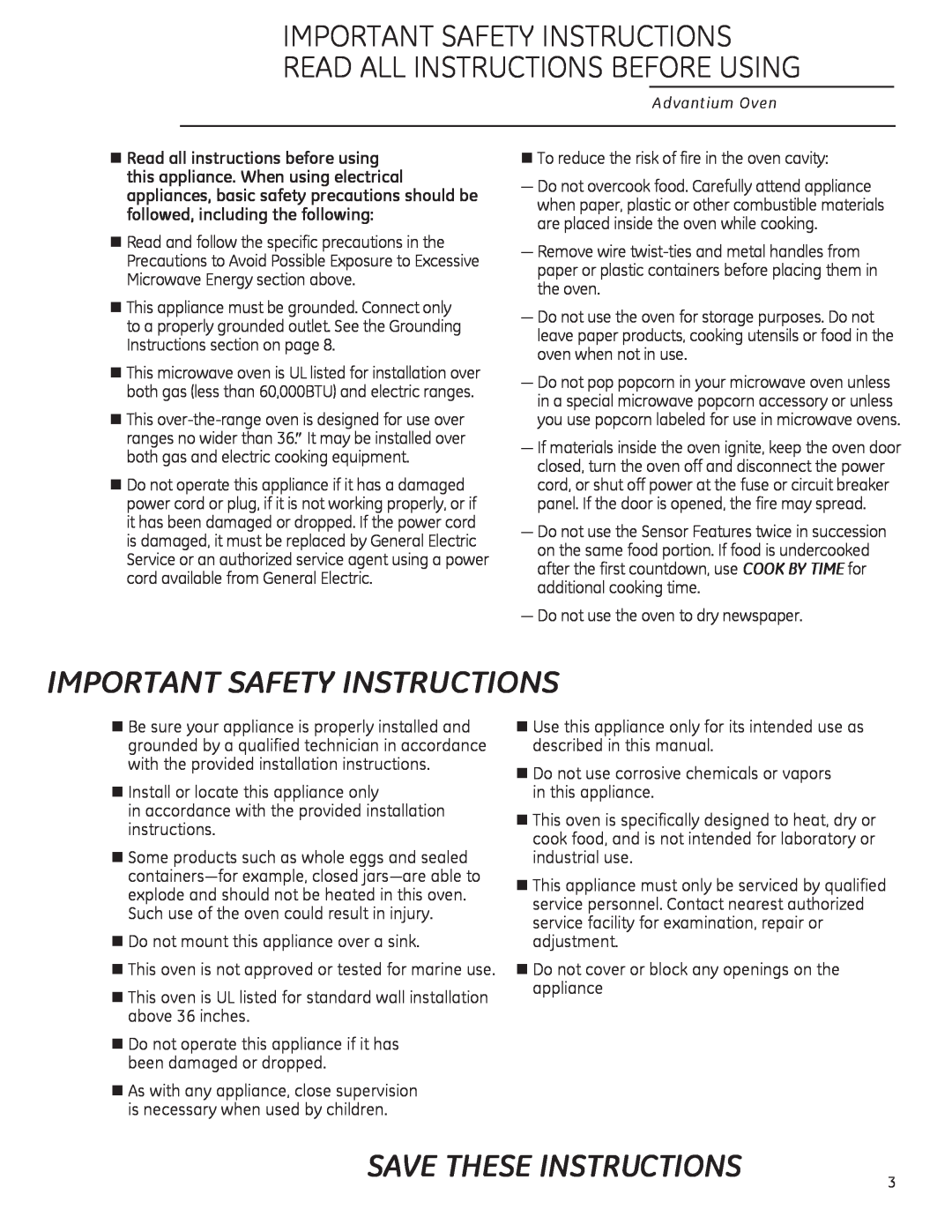 GE ZSA2201 owner manual Important Safety Instructions, Save These Instructions 