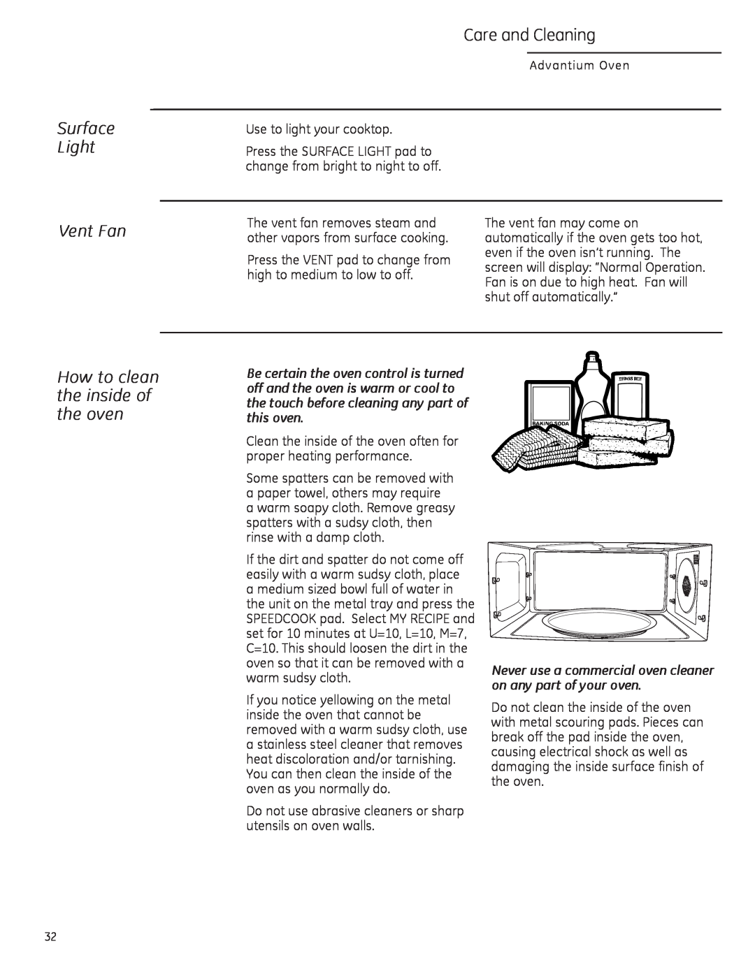 GE ZSA2201 owner manual Surface Light Vent Fan, Care and Cleaning, How to clean the inside of the oven 