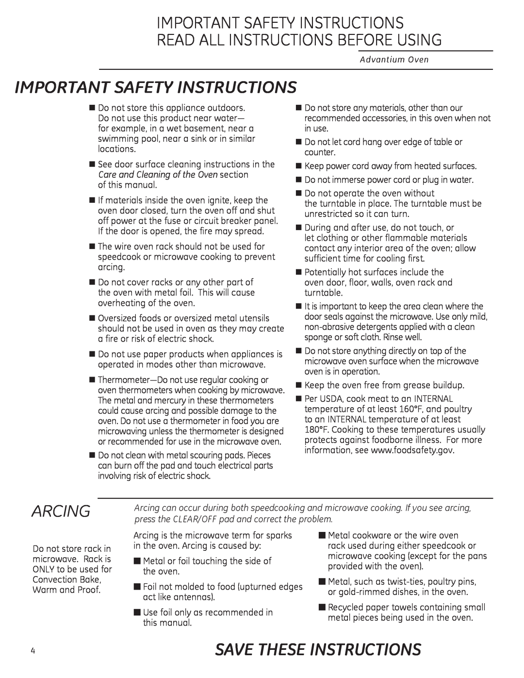 GE ZSA2201 owner manual Arcing, Save These Instructions, Important Safety Instructions Read All Instructions Before Using 
