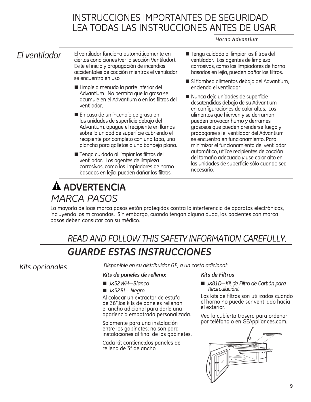 GE ZSA2201 Advertencia, Marca Pasos, El ventilador, Kits opcionales, Guarde Estas Instrucciones, Kits de Filtros 