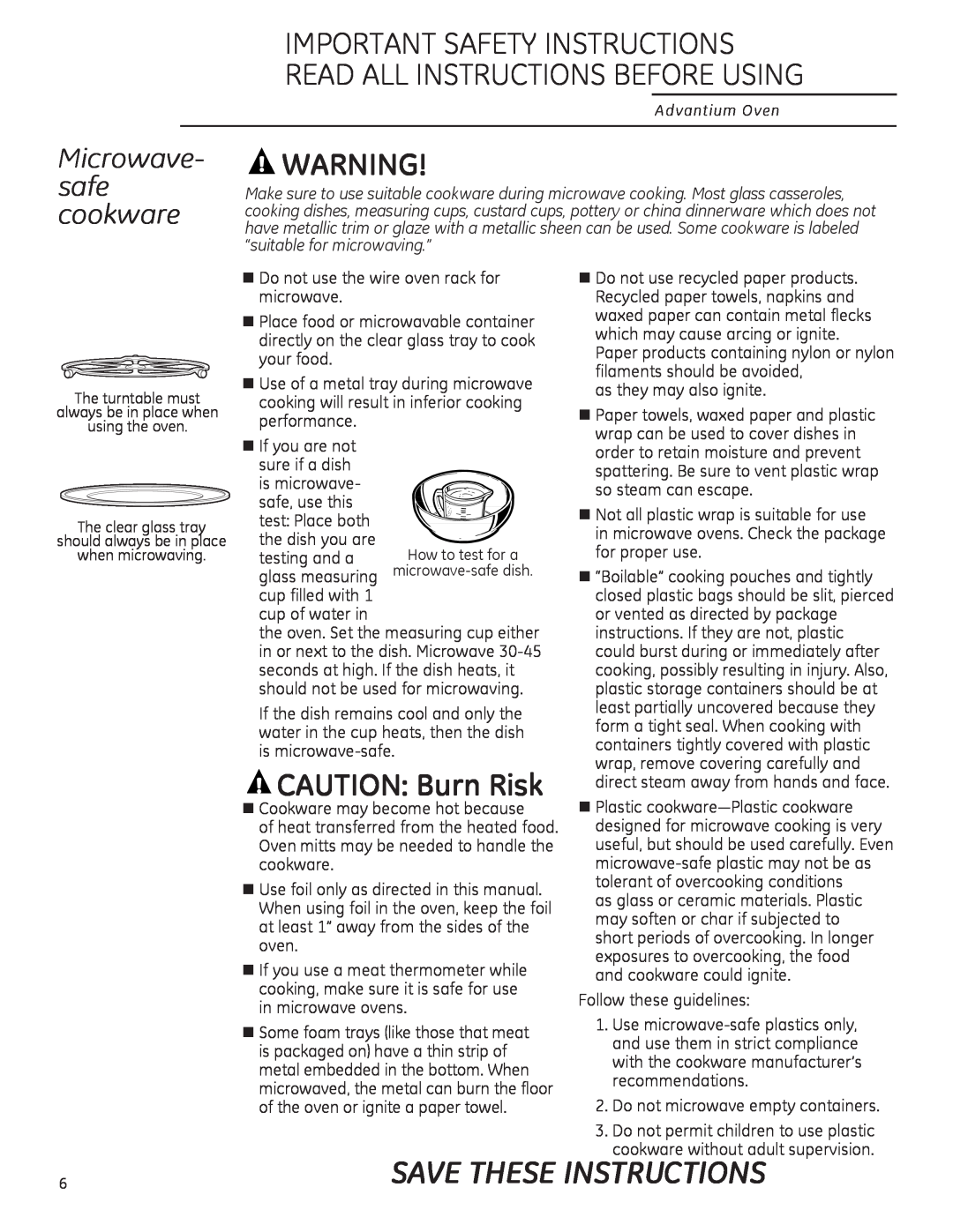 GE ZSA2201 owner manual Instructions, CAUTION Burn Risk, Microwave- safe cookware, Save These 
