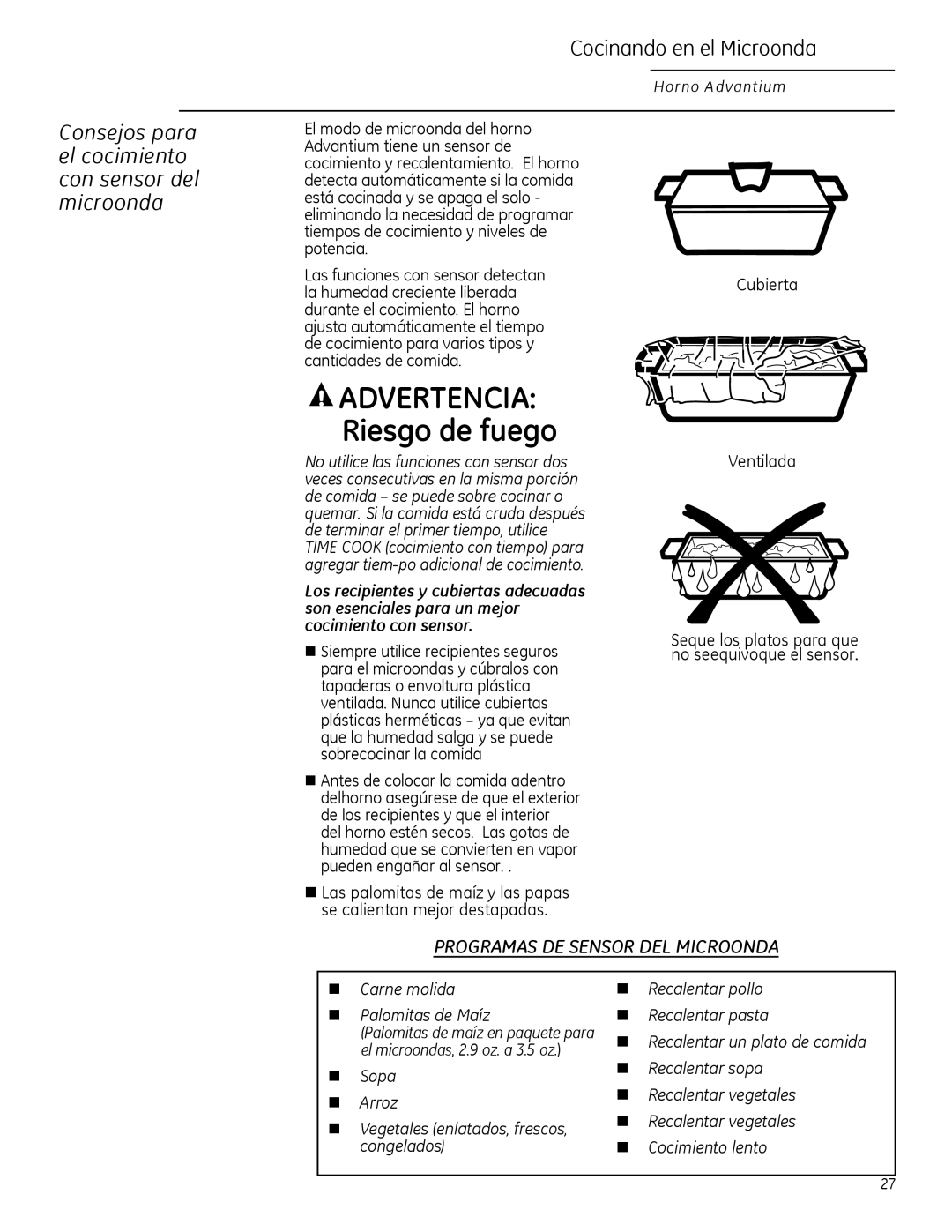 GE ZSA2201 ADVERTENCIA Riesgo de fuego, Consejos para el cocimiento con sensor del microonda, Cocinando en el Microonda 