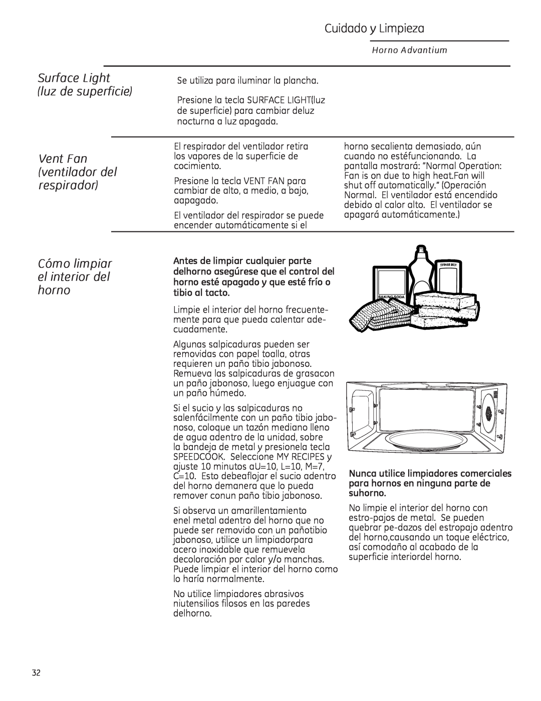 GE ZSA2201 owner manual Cuidado y Limpieza, Surface Light luz de superficie, Vent Fan ventilador del respirador 