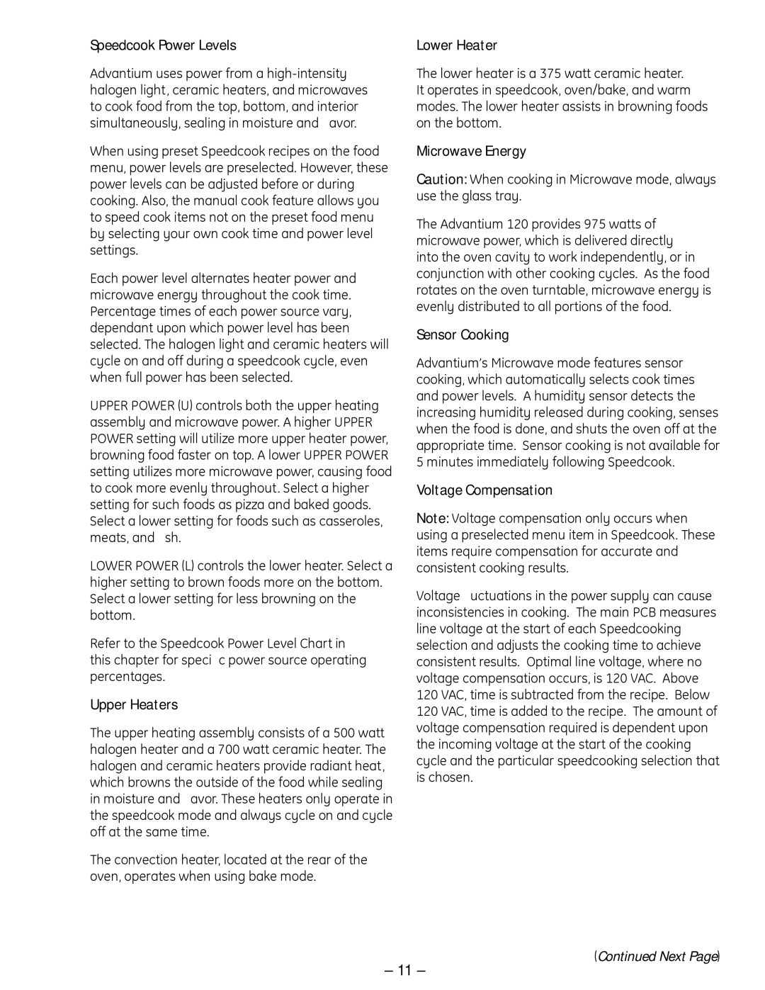 GE SCB 1000 Speedcook Power Levels, Upper Heaters, Lower Heater, Microwave Energy, Sensor Cooking, Voltage Compensation 