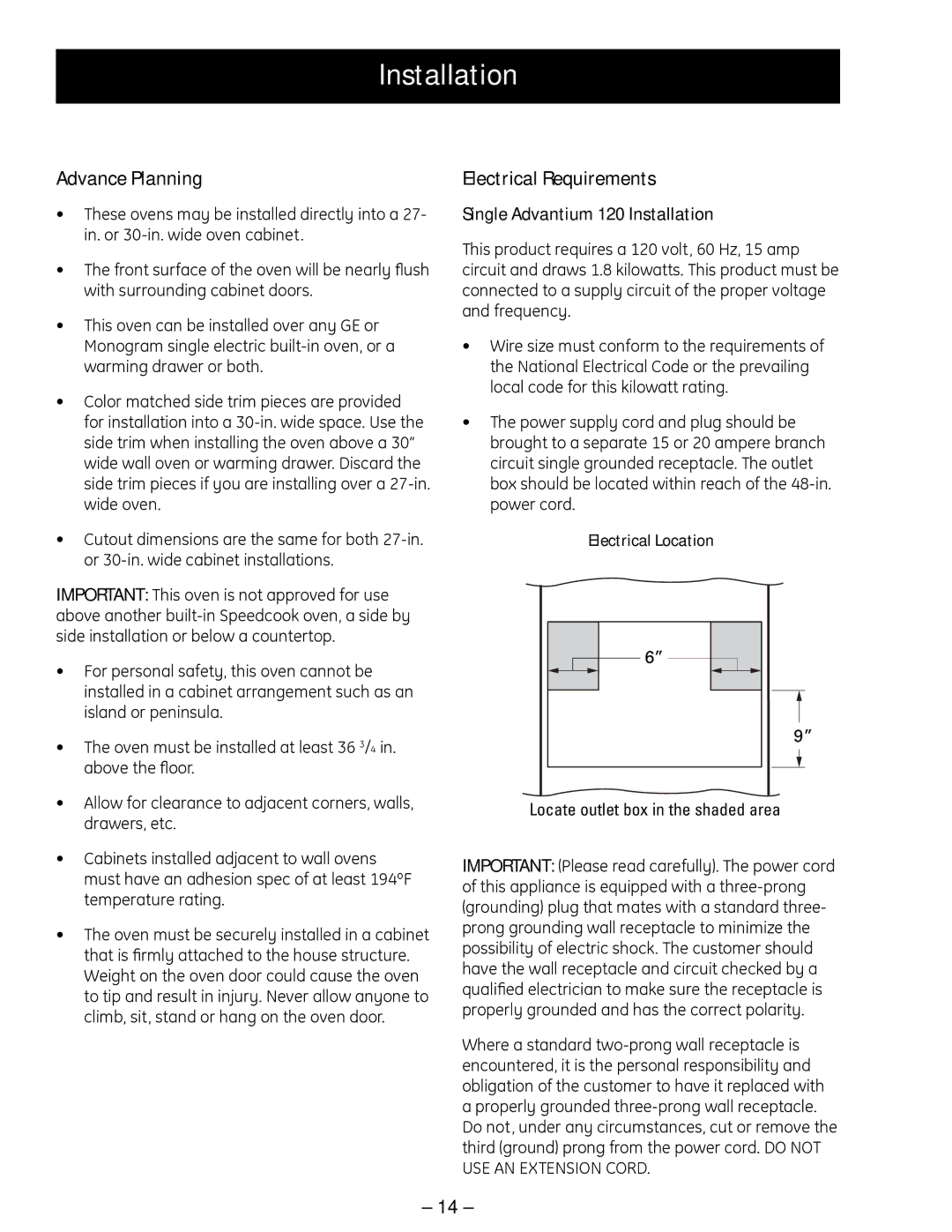 GE SCB 1001, ZSC 1001, ZSC 1000, SCB 1000 Advance Planning, Electrical Requirements, Single Advantium 120 Installation 