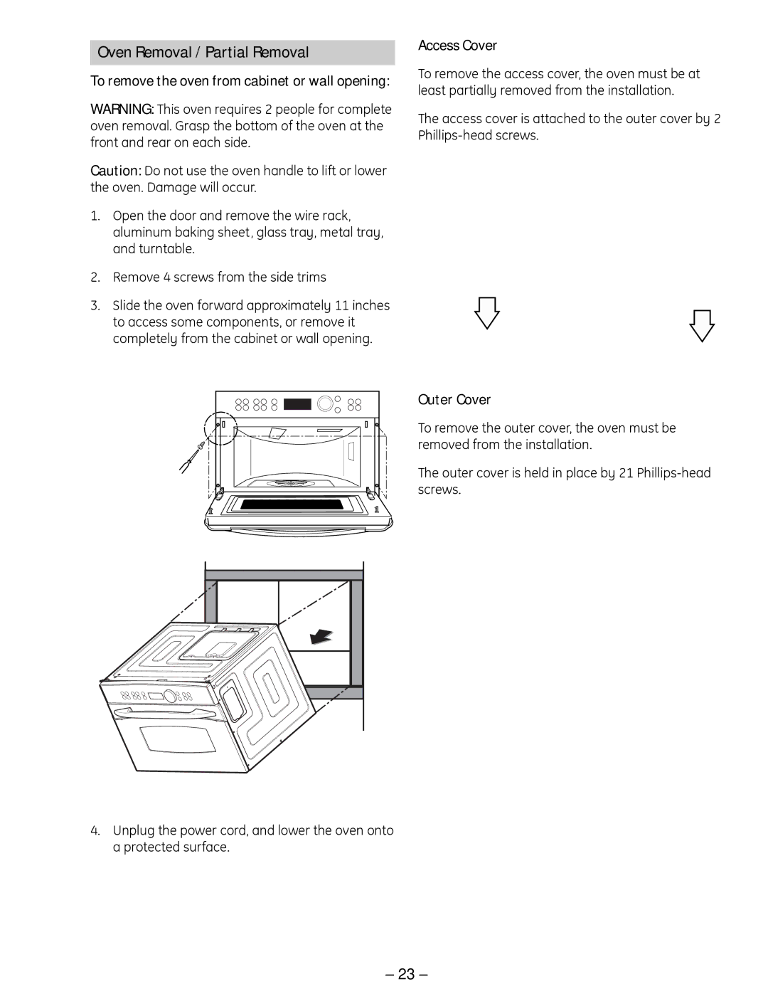 GE SCB 1000, ZSC 1001, ZSC 1000, SCB 1001 manual Oven Removal / Partial Removal, Access Cover, Outer Cover 