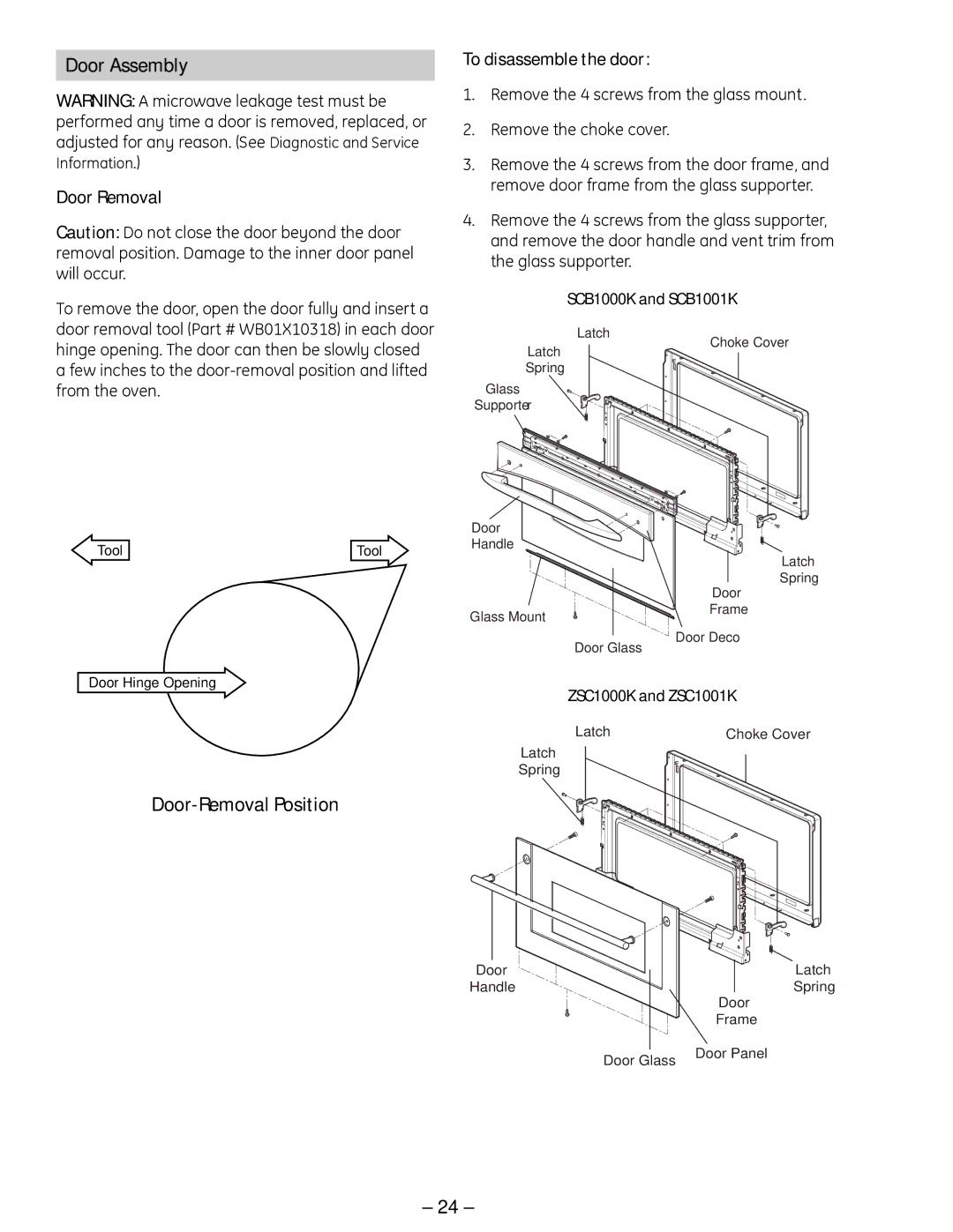 GE ZSC 1001, ZSC 1000, SCB 1001, SCB 1000 manual Door Assembly, Door-Removal Position, Door Removal, To disassemble the door 