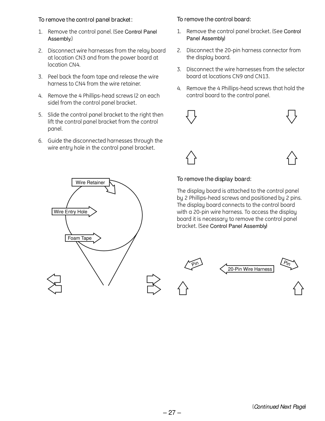 GE SCB 1000, ZSC 1001 manual To remove the control panel bracket, To remove the control board, To remove the display board 