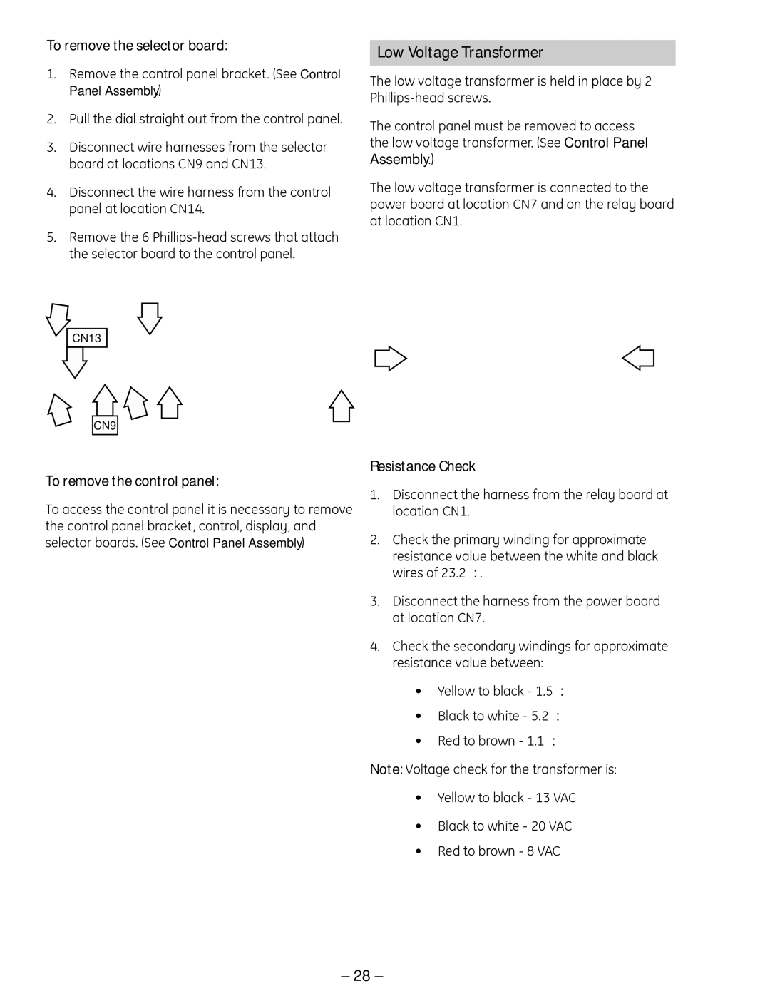 GE ZSC 1001, ZSC 1000 Low Voltage Transformer, To remove the selector board, To remove the control panel, Resistance Check 