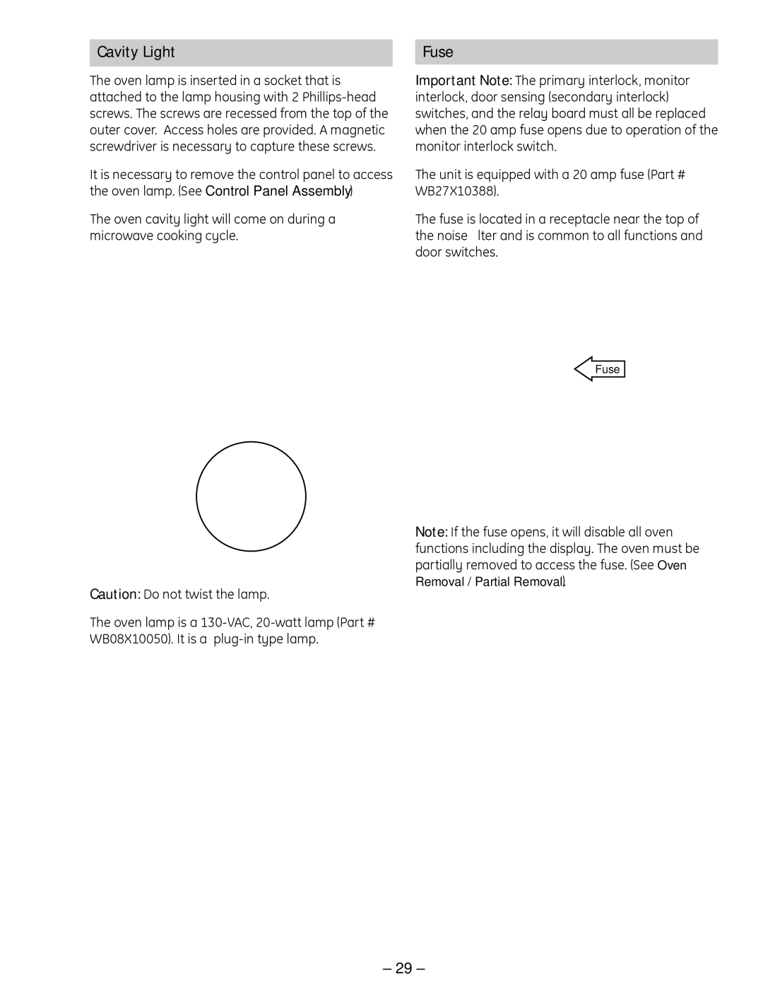 GE ZSC 1000, ZSC 1001, SCB 1001, SCB 1000 manual Cavity Light Fuse 