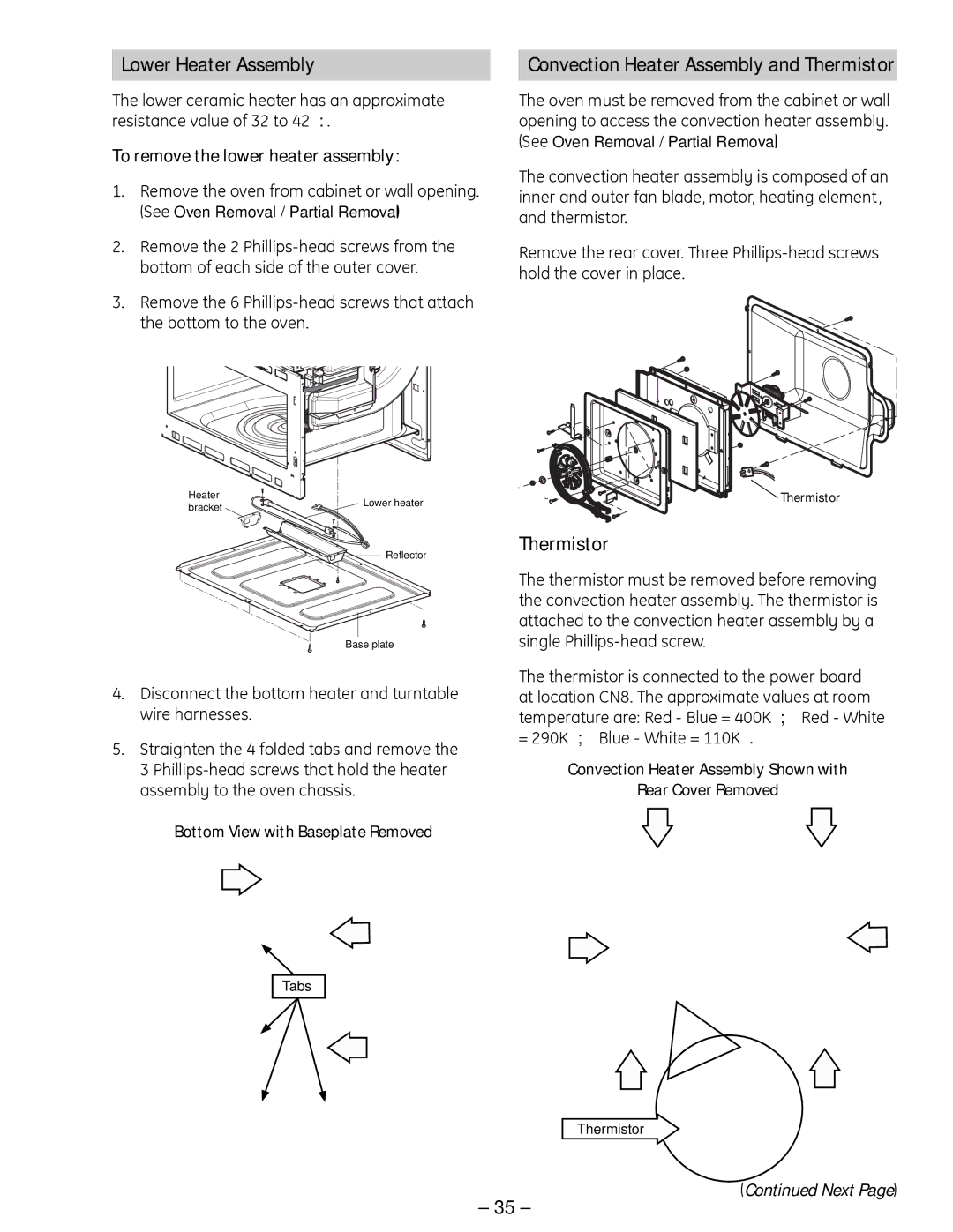 GE SCB 1000 manual Lower Heater Assembly, Convection Heater Assembly and Thermistor, To remove the lower heater assembly 