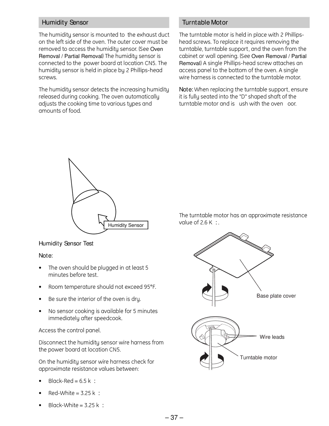 GE ZSC 1000, ZSC 1001, SCB 1001, SCB 1000 manual Humidity Sensor Turntable Motor, Humidity Sensor Test 