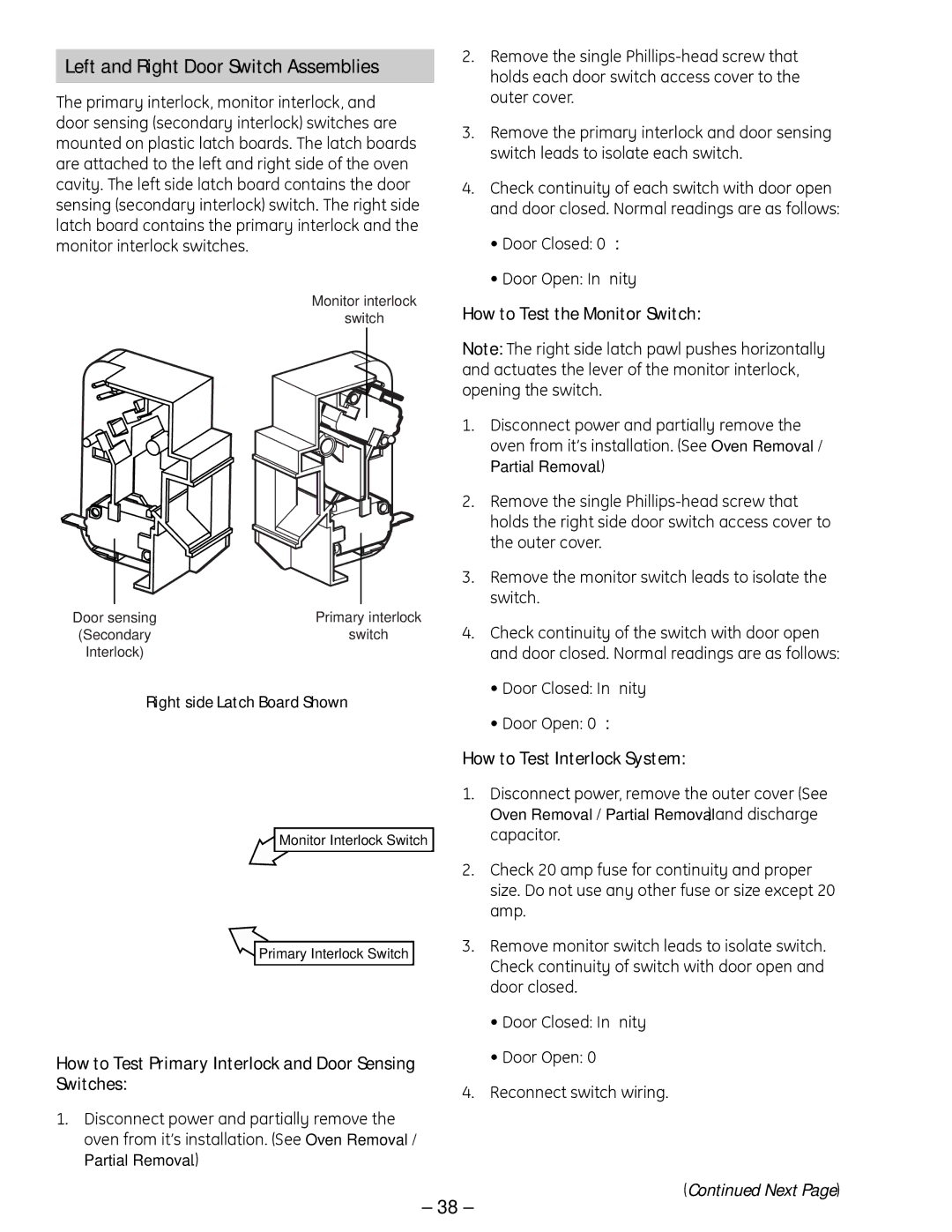 GE SCB 1001, ZSC 1001 manual Left and Right Door Switch Assemblies, How to Test Primary Interlock and Door Sensing Switches 