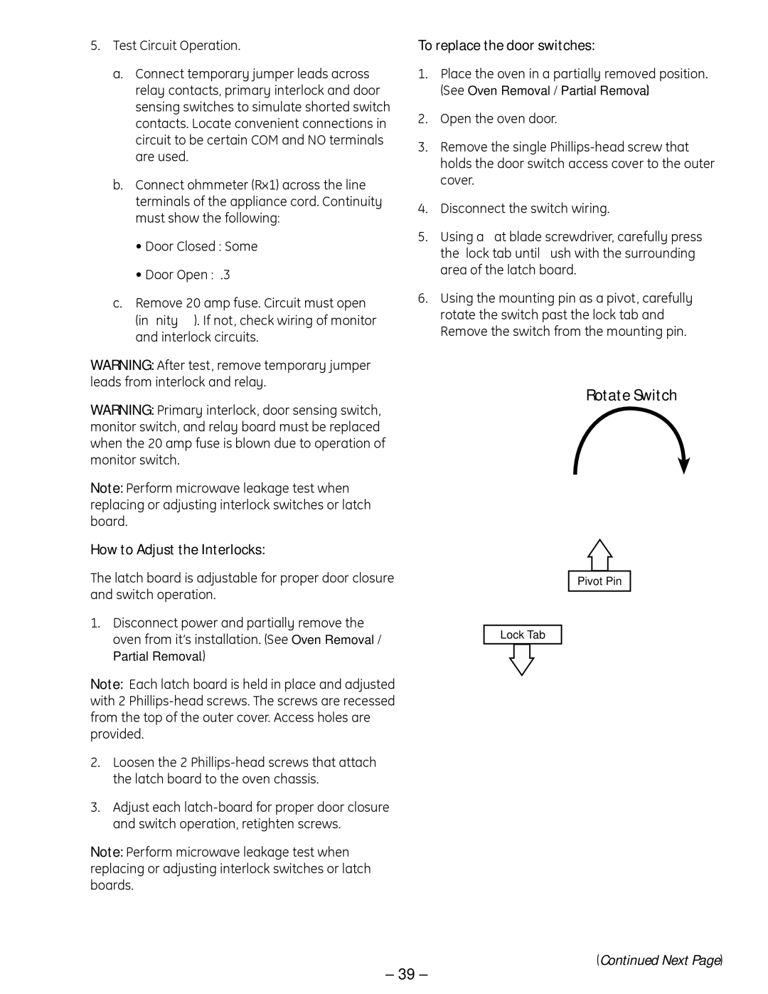 GE SCB 1000, ZSC 1001, ZSC 1000, SCB 1001 manual Rotate Switch, How to Adjust the Interlocks, To replace the door switches 