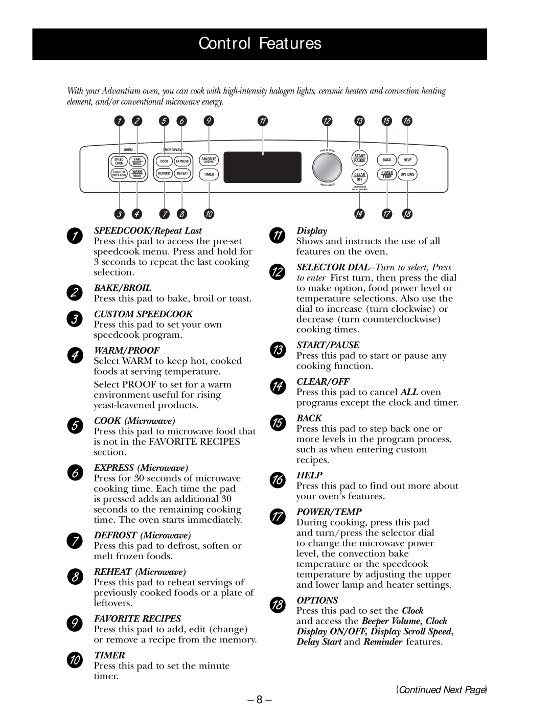 GE ZSC 1001, ZSC 1000, SCB 1001, SCB 1000 manual Control Features, SPEEDCOOK/Repeat Last 