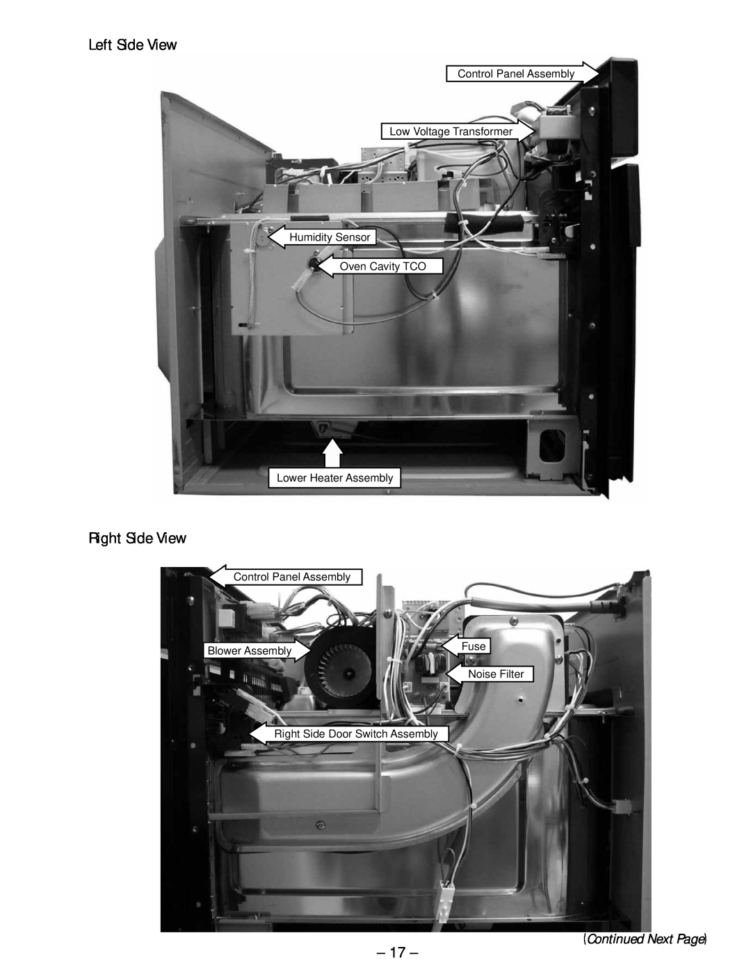 GE ZSC 1000 Left Side View, Right Side View, Continued Next Page, Oven Cavity TCO Lower Heater Assembly, Blower Assembly 