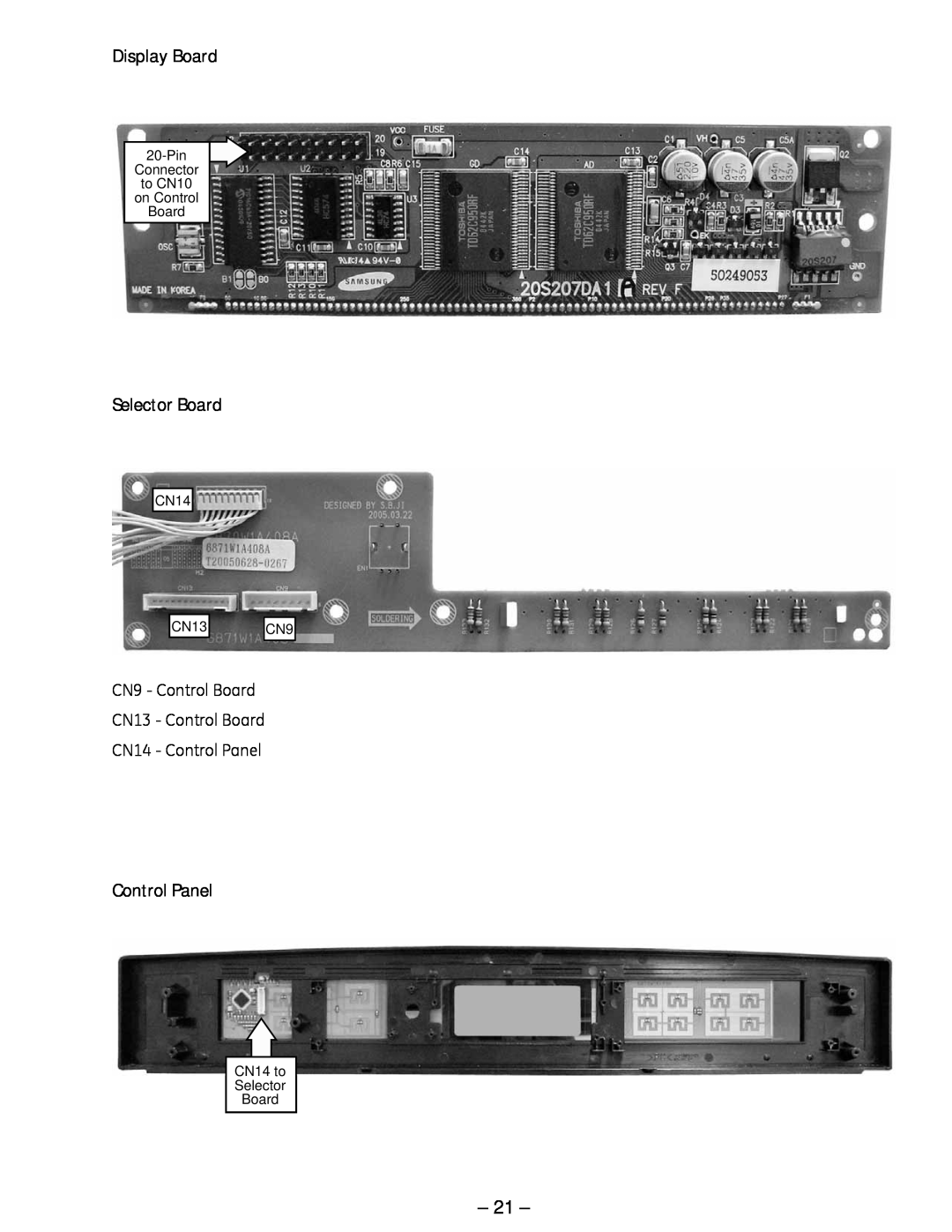 GE ZSC 1000, ZSC 1001, SCB 1001 Display Board, Selector Board, Control Panel, Pin Connector to CN10 on Control Board, CN14 