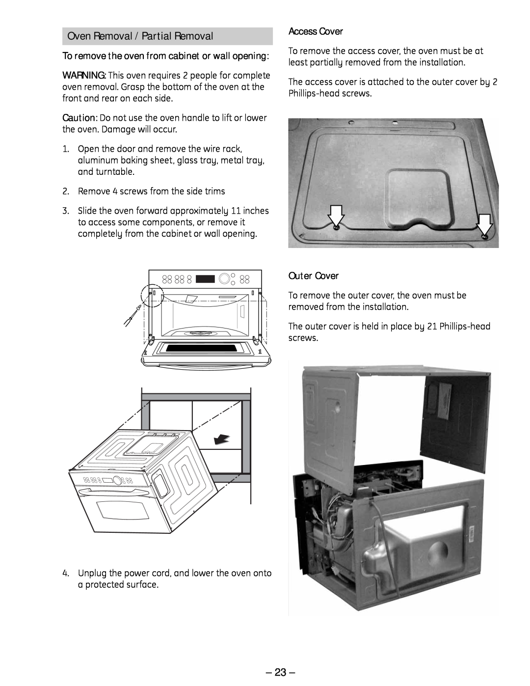 GE SCB 1000, ZSC 1001, ZSC 1000, SCB 1001 manual Oven Removal / Partial Removal, Access Cover, Outer Cover 