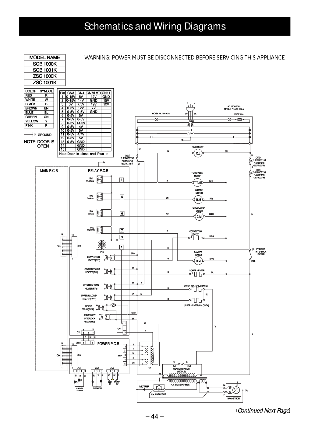 GE ZSC 1001, ZSC 1000 Schematics and Wiring Diagrams, Warning Power Must Be Disconnected Before Servicing This Appliance 