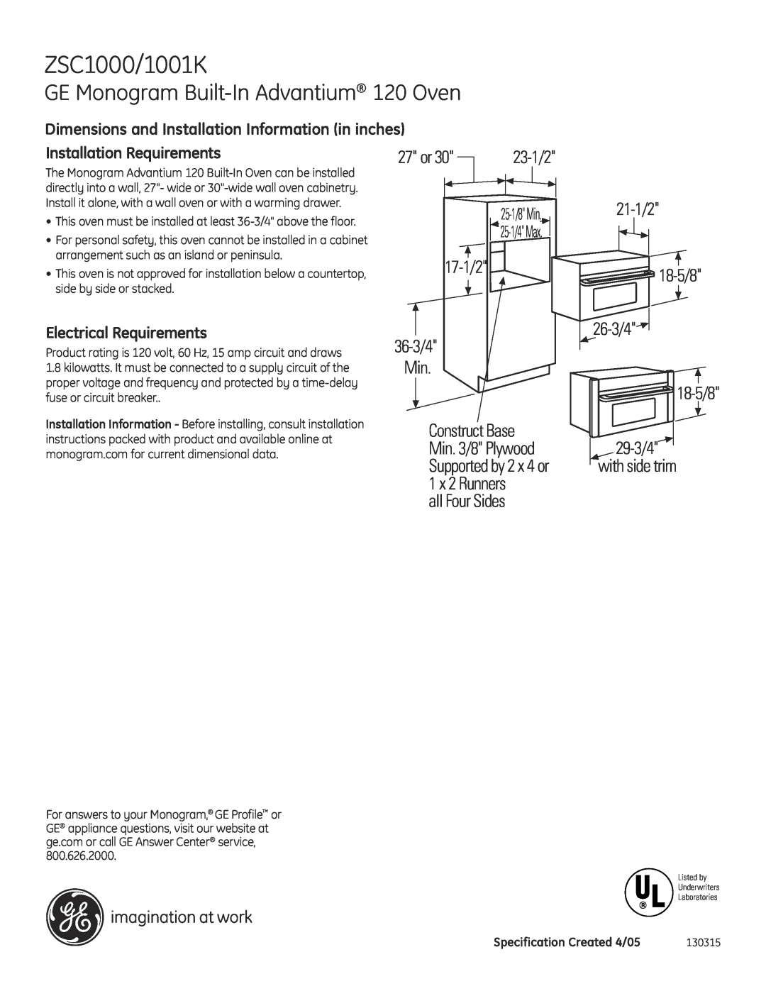 GE ZSC1000/1001K dimensions GE Monogram Built-InAdvantium 120 Oven, Dimensions and Installation Information in inches 