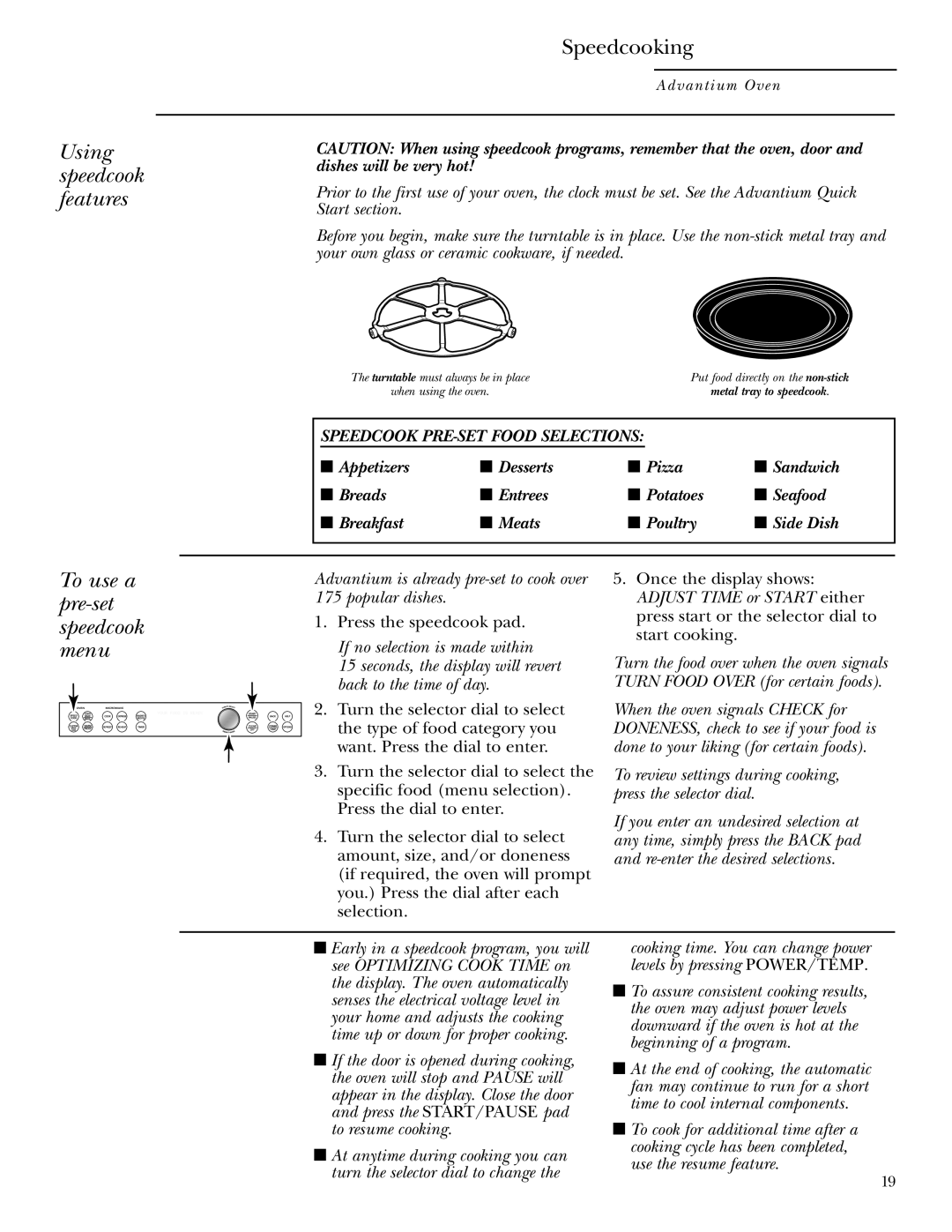 GE ZSC1000 Speedcooking, To use a pre-set speedcook menu, To review settings during cooking, press the selector dial 