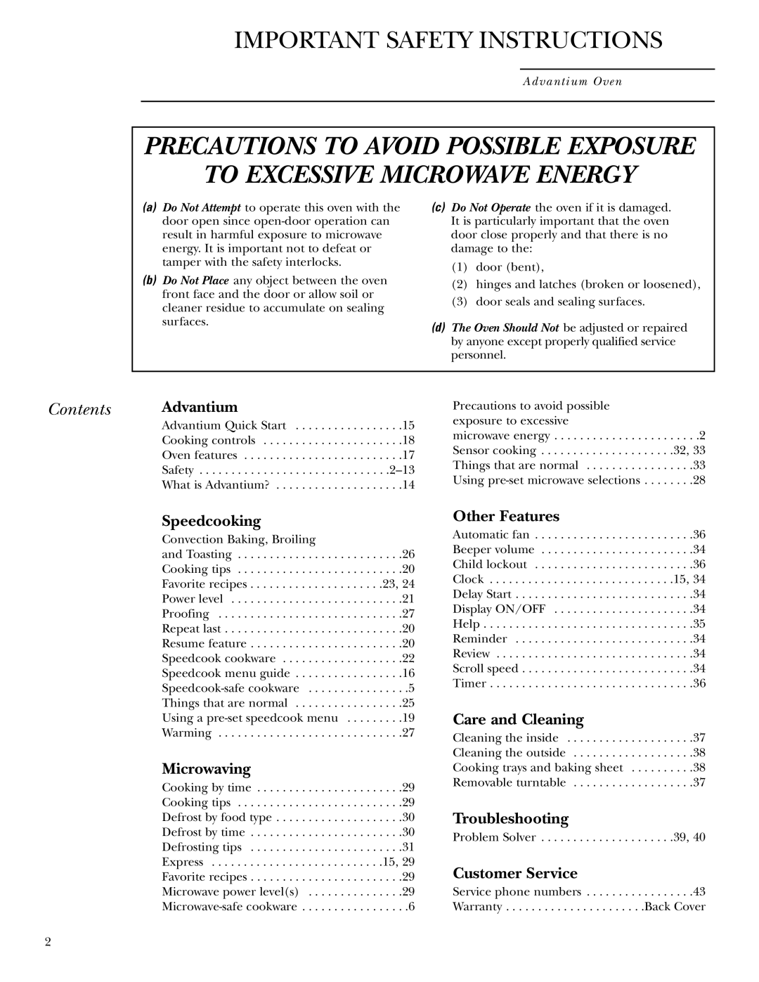 GE ZSC1001, ZSC1000 owner manual Contents Advantium 