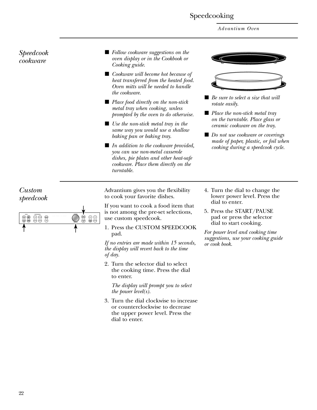 GE ZSC1001, ZSC1000 owner manual Speedcook cookware, Custom speedcook, Display will prompt you to select the power levels 