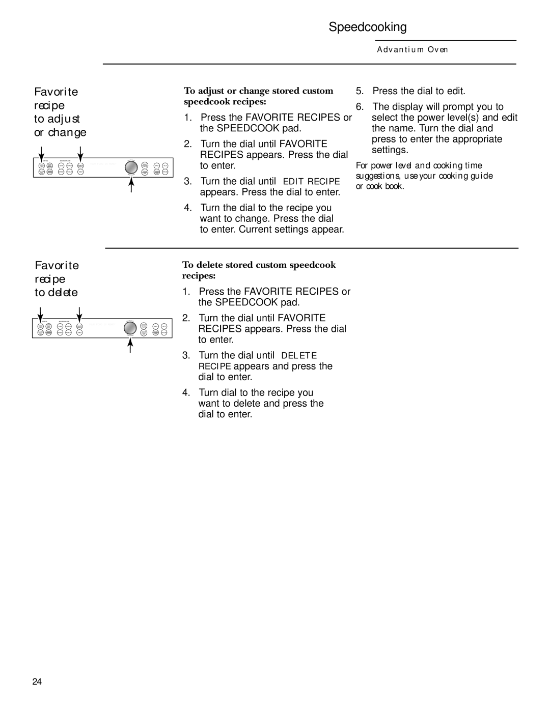 GE ZSC1001 Favorite recipe- to adjust or change, Favorite recipe- to delete, To delete stored custom speedcook recipes 