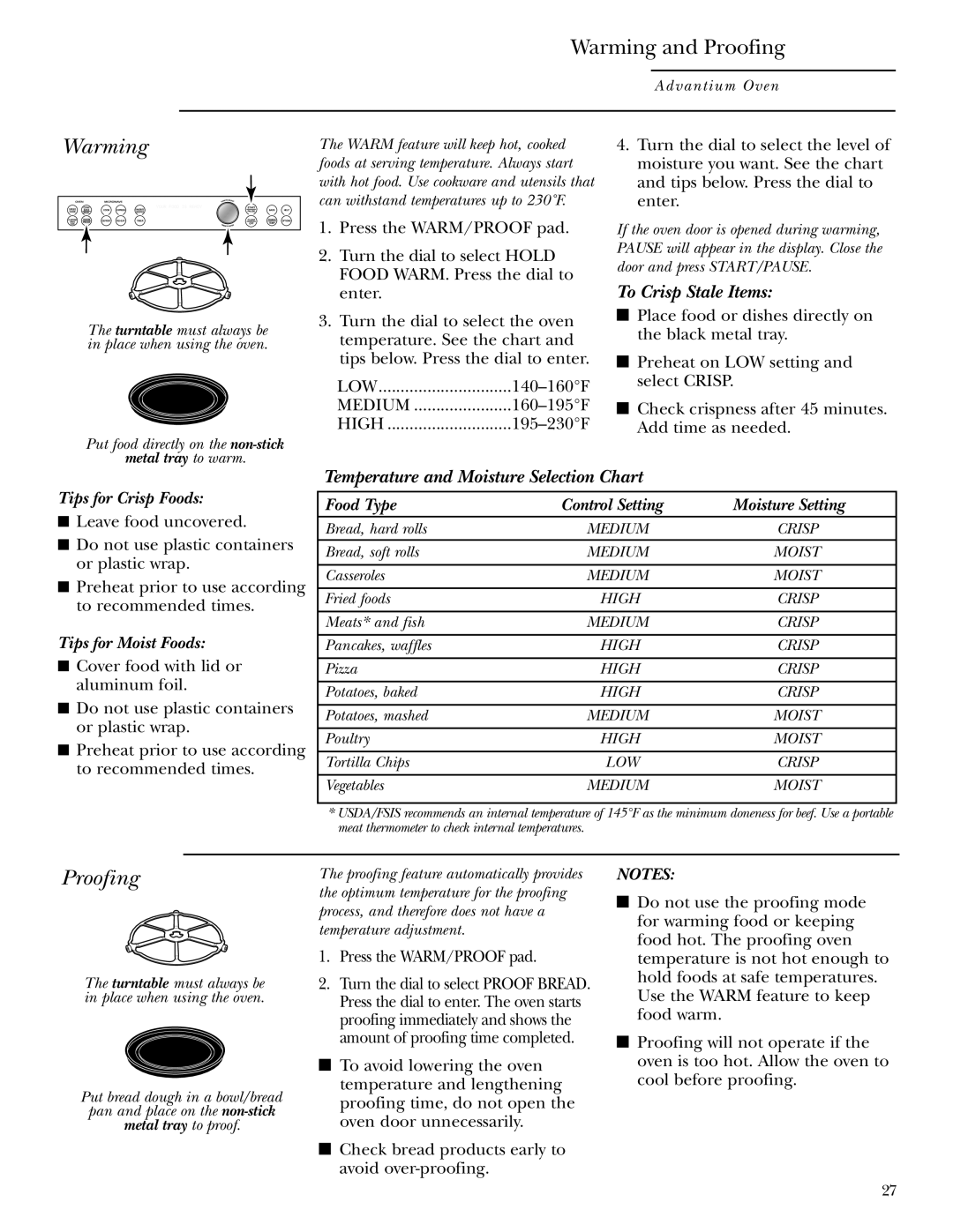 GE ZSC1000, ZSC1001 owner manual Warming and Proofing 