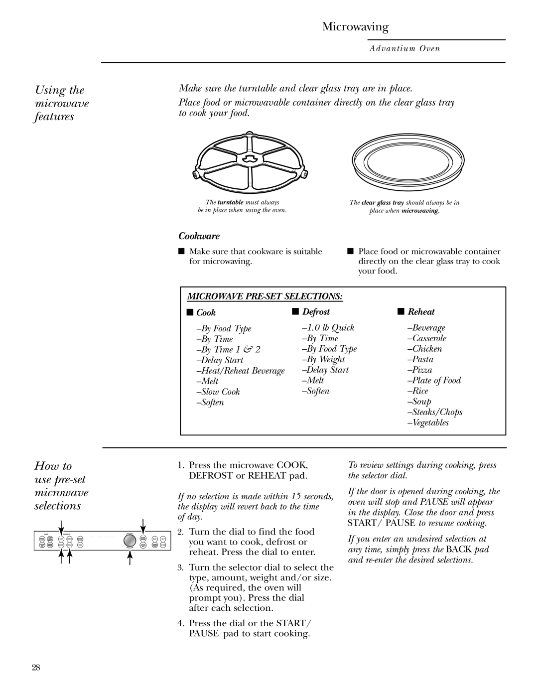 GE ZSC1001 Using the microwave features, Microwaving, How to use pre-set microwave selections, Cook Defrost Reheat 