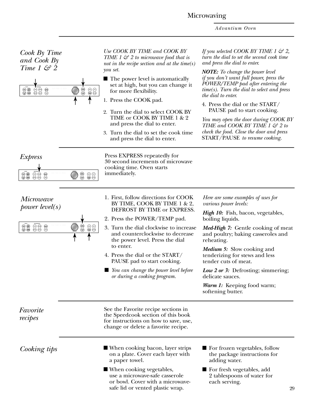 GE ZSC1000, ZSC1001 owner manual Cook By Time Time 1, Express, Microwave power levels, Favorite recipes, Cooking tips 