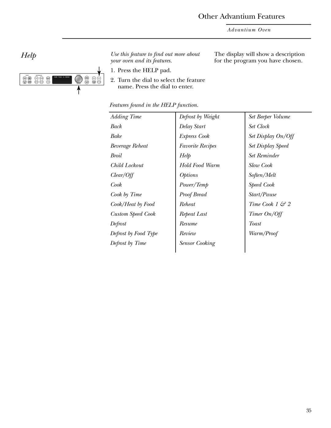 GE ZSC1000, ZSC1001 owner manual Features found in the Help function 