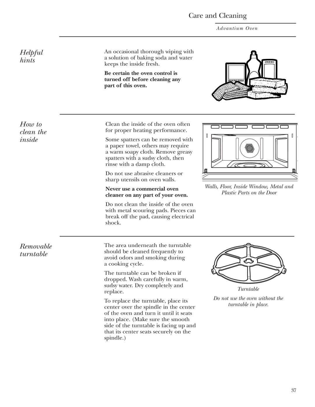 GE ZSC1000, ZSC1001 owner manual Helpful hints, Care and Cleaning, How to clean the inside, Removable turntable 