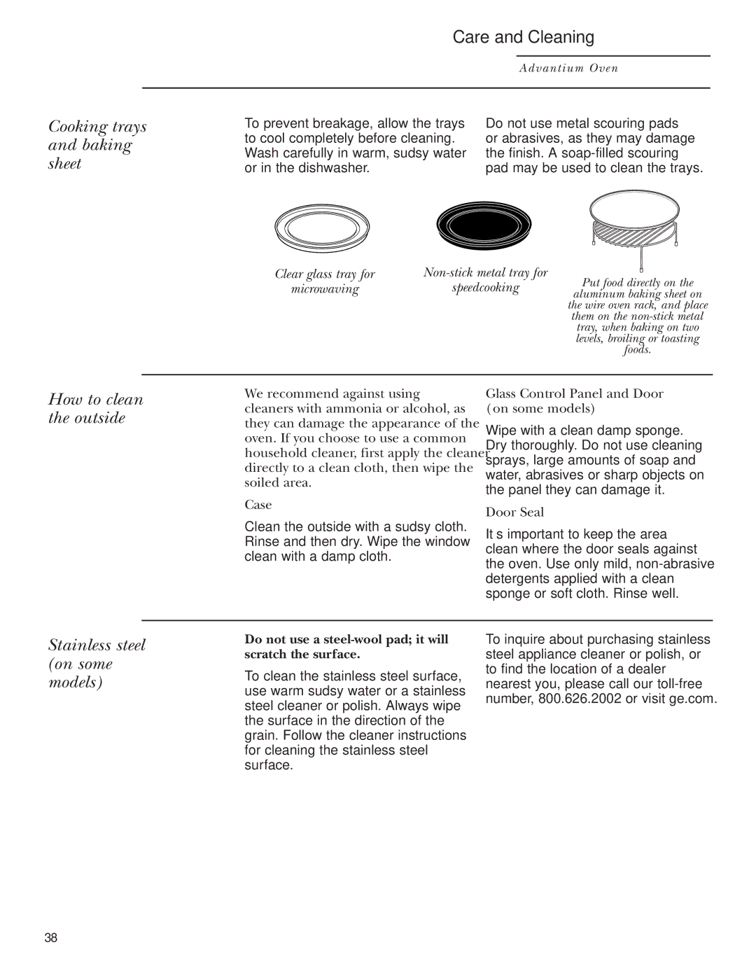 GE ZSC1001, ZSC1000 Cooking trays and baking sheet, How to clean the outside, Stainless steel on some models, Door Seal 